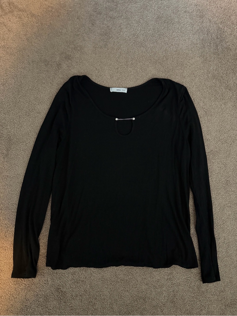 Mango Black Long-Sleeve Scoop Neck Top with Bar Detail